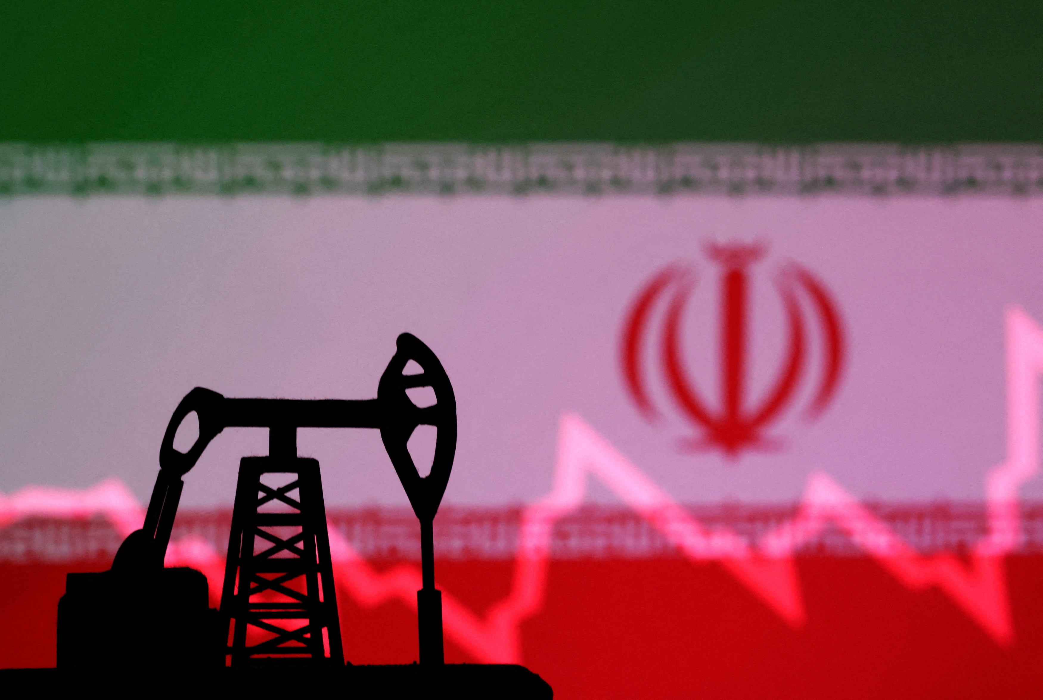 Illustration shows Iran flag, oil pump jack and stock graph