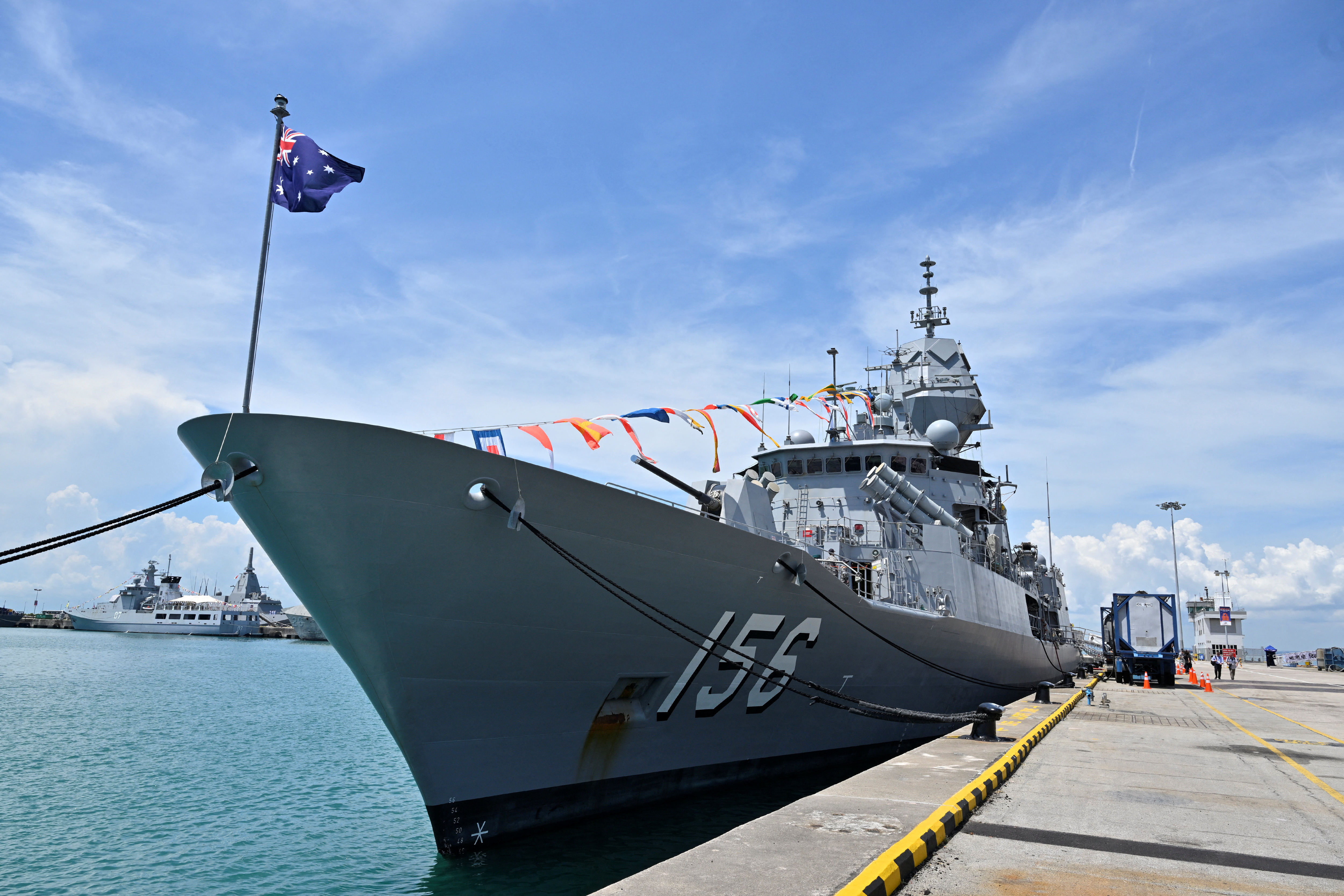 Royal Australian Navy vessel, HMAS Toowoomba, is docked at Changi Naval Base at the display of warships during IMDEX Asia 2023, a maritime defence exhibition in Singapore